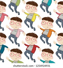 Jumping geek nerd boy, colorful design, kids daily routine seamless background. Cute modern flat vector illustration on white backdrop. Pattern with cartoon