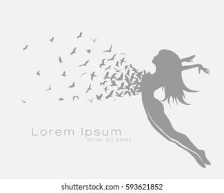 jumping girl with bird flying out of his chest