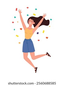 jumping girl celebration with confetti isolated