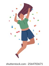 jumping girl celebration with confetti isolated