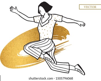 Jumping girl in golden background. Vector modern illustration.
