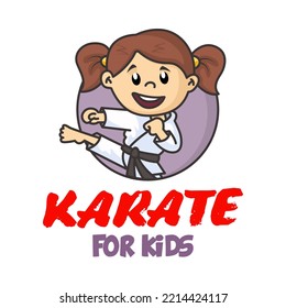 Jumping Girl in Karate Disziplin. Martial Arts School für Kinder. Baby Karate Logo. Starkes Kinderkonzept.