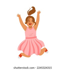 Salto de chica con vestido rosa sintiendo felicidad y emoción por tener una divertida ilustración vectorial