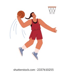 Jumping girl throwing ball into basket flat style, vector illustration isolated on white background. Smiling basketball player, decorative design element, sport game and active lifestyle