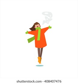 Jumping Girl In Winter Coat Primitive Vector Flat Isolated Illustration On White Background