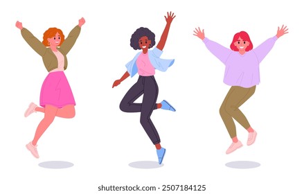 Saltando chicas. Alegre celebración de personajes femeninos saltando de alegría, grupo de personas positivas bailando conjunto de Ilustración vectorial plana. Mujeres felices en movimiento