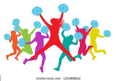 Jumping girls with pompoms (cheerleaders) silhouette colorful. Vector illustration