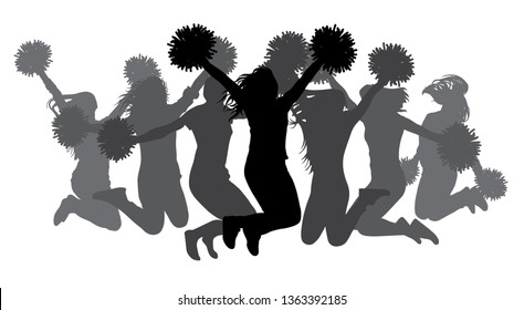 Jumping girls with pom-poms. Silhouettes of cheerleaders. Vector illustration