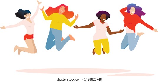 Jumping girls vector illustration. Flat female characters - Caucasian with red hair, asian with dark blue hair, african, Caucasian with lilac hair. Smiling women. Diversity, sisterhood concept.