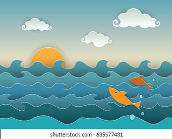 Jumping golden fish in the deep blue sea. A seascape with setting sun, fluffy clouds and jumping fish. Cut paper style with shadows creating a 3D effect, and retro colour palette. EPS10 vector forma