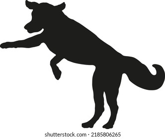 Jumping Golden Retriever Puppy. Black Dog Silhouette. Pet Animals. Isolated On A White Background. Vector Illustration.