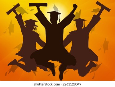 Jumping graduate students in mantle and mortarboard with certificate on background of sunset. Graduation. Vector illustration