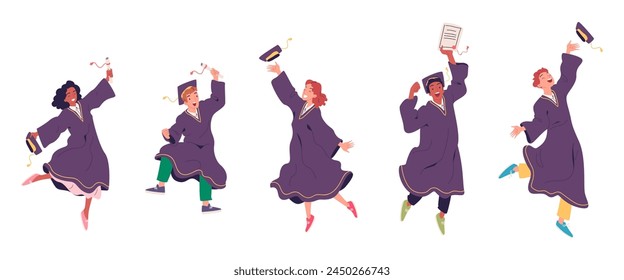 Jumping graduates. Cute students in gown diploma celebrating graduation college university or highschool, happy graduate throwing cap, success education classy vector illustration of diploma education