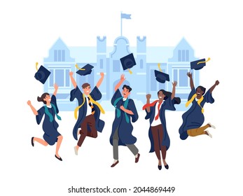 Jumping graduates. Happy students group throw