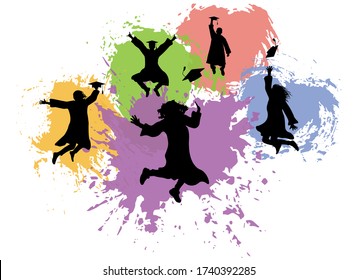 Jumping graduates student in mantles and academic square caps, silhouettes of background of colorful blots. Vector illustration.