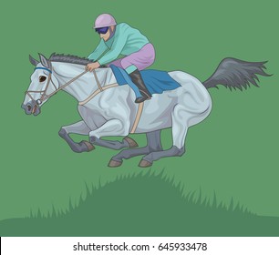 Jumping gray horse with rider
