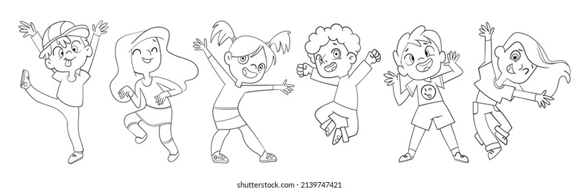 Jumping, grimacing and dancing children. Cartoon characters. Black and white. Funny vector illustration. Isolated on white background. Seamless panorama. Set