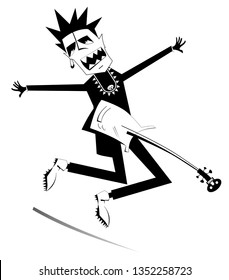 Jumping guitar player isolated illustration. Expressive guitarist is playing music with the great inspiration black on white illustration
