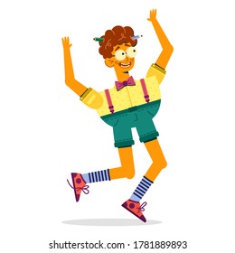 The jumping guy with glasses laughs happily. Boy moron in glasses and shorts vector illustration