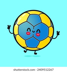 Springender Handball. Vektorhandgezeichnete Cartoons kawaii Zeichentricksymbol. Einzeln auf blauem Hintergrund. Handball-Charakterkonzept