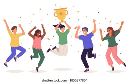 Jumping happy people. Winning team rewarded, successful teamwork people winning concept. vector flat illustration