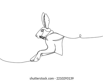 Jumping hare, bunny one line art. Continuous line drawing of pet, mammal, breed, zodiac, china, oriental, domestic, easter, bunny, animal, year new, 2023, hare.
