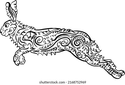 Jumping Hare, Rabbit, Line Art Swirl Doodle Pattern Illustration