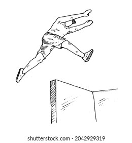 Jumping.	high jump athlete with maximum ability.	Retro vintage sketch vector illustration. Engraving style. black isolated on white background. vector draw graphic design illustration sketch.