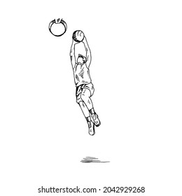 Jumping. high jump basketball player puts the ball in the basket.	Retro vintage sketch vector illustration. Engraving style. black isolated on white background. vector draw graphic design illustration