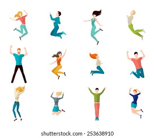 Jumping high male and female people avatar set isolated vector illustration