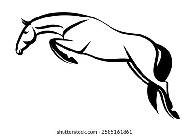 Jumping horse in black and white minimalist line art style, depicting elegance and movement in equestrian sports