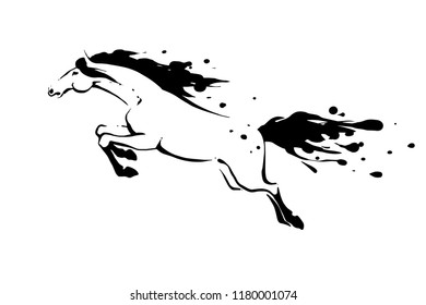Jumping Horse . Black and white vector illustration with blots and splashes.