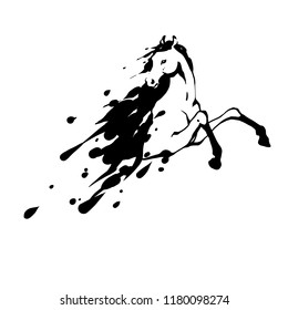 Jumping Horse . Black and white vector illustration with blots and splashes. Horse icon.