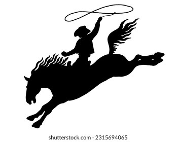 a jumping horse with cowboy and lasso