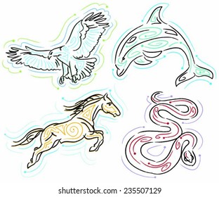 jumping horse, flying eagle, jumping dolphin, slithering snake