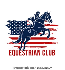 Jumping Horse with Jockey and US Flag Logo Concept