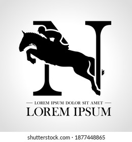 Jumping horse logo. Derbi. Equestrian Events. Show Jumping Competition. Sport. Icons and design elements. Initial letter N. Monogram. Typographic logotype.  Vector Illustration