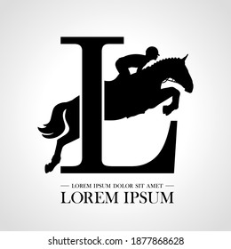 Jumping horse logo. Derbi. Equestrian Events. Show Jumping Competition. Sport. Icons and design elements. Initial letter L. Monogram. Typographic logotype.  Vector Illustration