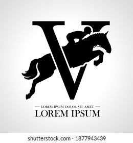 Jumping horse logo. Derbi. Equestrian Events. Show Jumping Competition. Sport. Icons and design elements. Initial letter V. Monogram. Typographic logotype.  Vector Illustration