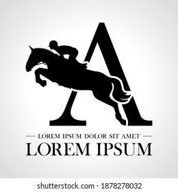 Logo de jumping de caballo. Derbi. Eventos ecuestres. Mostrar competencia de saltos. Deporte. Iconos y elementos de diseño. Letra inicial A. Monograma. Logotipo tipográfico.  Ilustración vectorial