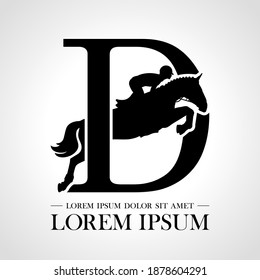 Jumping horse logo. Derbi. Equestrian Events. Show Jumping Competition. Sport. Icons and design elements. Initial letter D. Monogram. Typographic logotype.  Vector Illustration