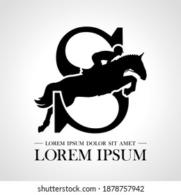 Jumping horse logo. Derbi. Equestrian Events. Show Jumping Competition. Sport. Icons and design elements. Initial letter S. Monogram. Typographic logotype.  Vector Illustration