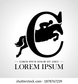 Jumping horse logo. Derbi. Equestrian Events. Show Jumping Competition. Sport. Icons and design elements. Initial letter C. Monogram. Typographic logotype.  Vector Illustration