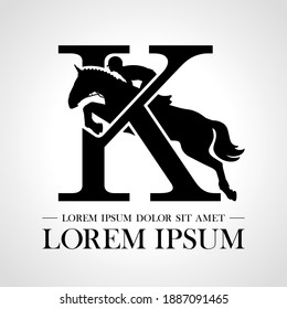 Jumping horse logo. Derbi. Equestrian Events. Show Jumping Competition. Sport. Icons and design elements. Initial letter K. Monogram. Typographic logotype.  Vector Illustration