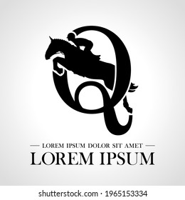 Jumping horse logo. Derbi. Equestrian Events. Show Jumping Competition. Sport. Icons and design elements. Initial letter Q. Monogram. Typographic logotype. Vector Illustration