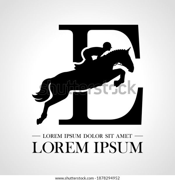 Jumping horse\
logo. Derbi. Equestrian Events. Show Jumping Competition. Sport.\
Icons and design elements. Initial letter E. Monogram. Typographic\
logotype.  Vector\
Illustration