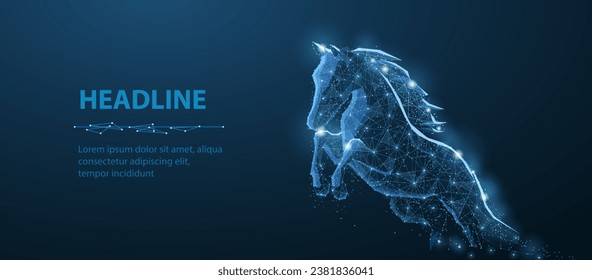 Saltando caballo. Un poste bajo. Caballo, deporte ecuestre, buena suerte, tecnología digital, símbolo de fortuna. Antecedentes deportivos, apuesta ganadora, caballos de sueño, ganancia derby, concepto de competencia.