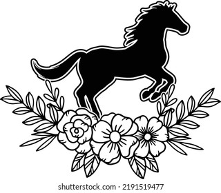 Jumping Horse with Outline and Beautiful Floral Flower