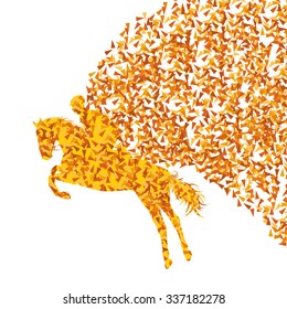 Jumping horse rider made of fragments vector background concept isolated over white
