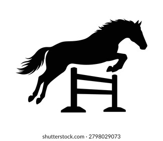 Jumping horse silhouette over obstacle isolated on white background. Equestrian sport and animal vector illustration.